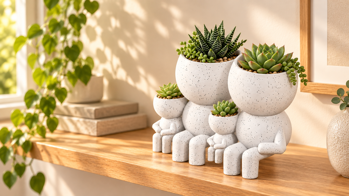 The Moss Family set of two large and two small white character planters styled with succulents on a warm wood shelf