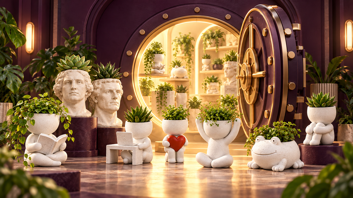 An open plum-and-gold vault filled with playful character planters, sculptural head planters, and green plants