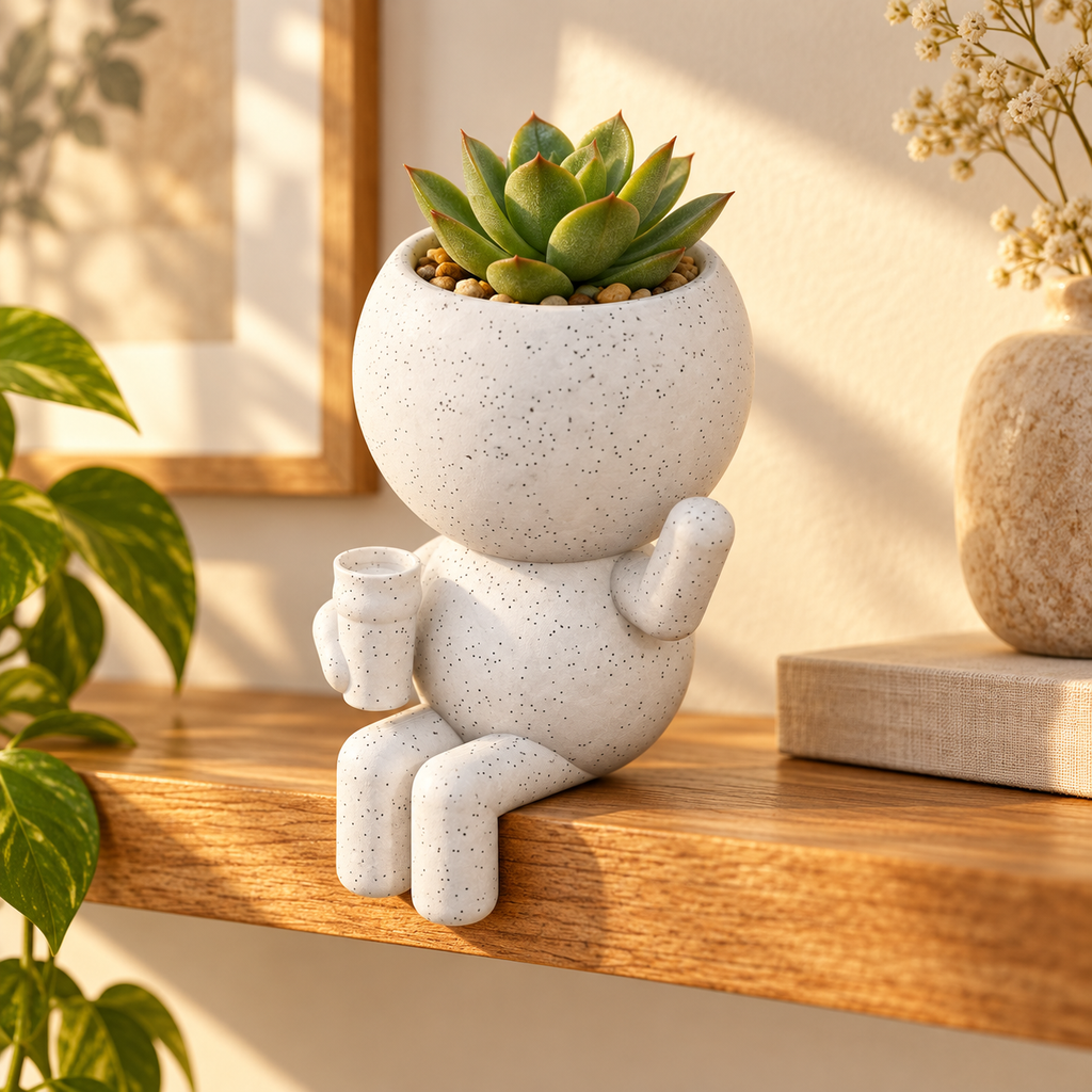 Cheers Moss character planter in a warm styled shelf setting