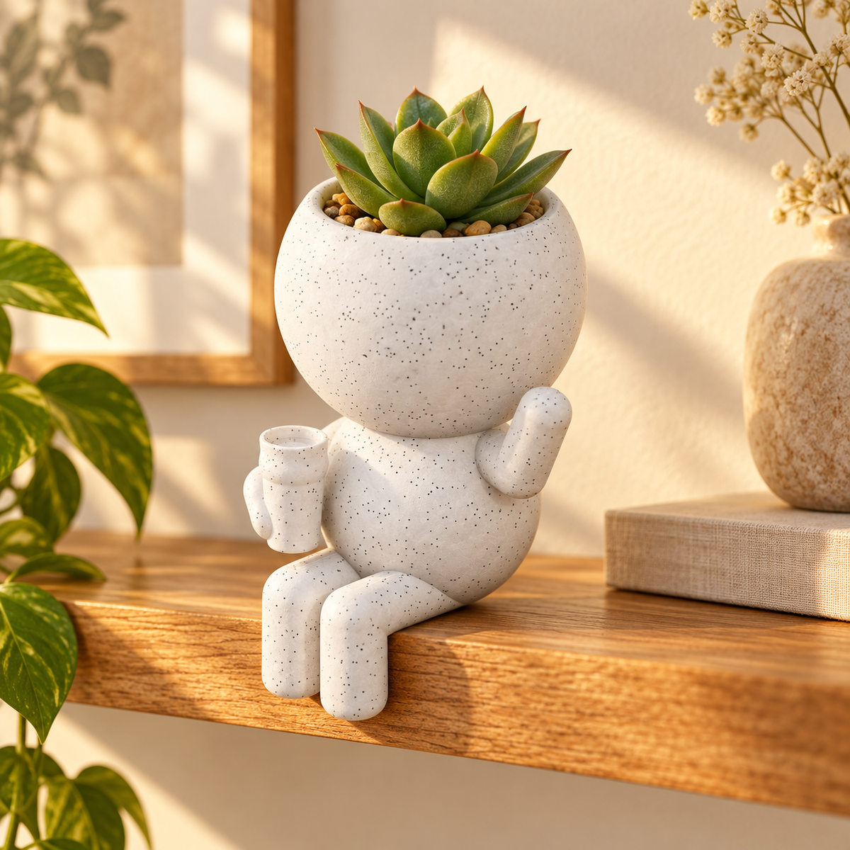Cheers Moss character planter in a warm styled shelf setting