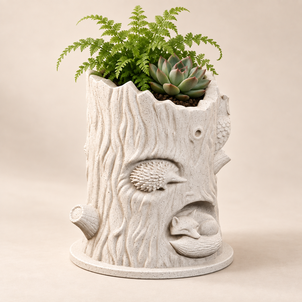 Woodland Hollow Planter with fern and succulent on a warm cream studio background