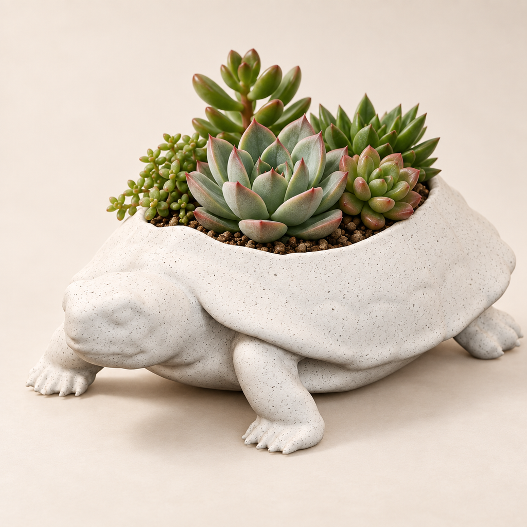 Turtle Planter with succulents on a warm cream studio background