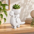 Dino Drift dinosaur rider planter in a warm styled shelf setting