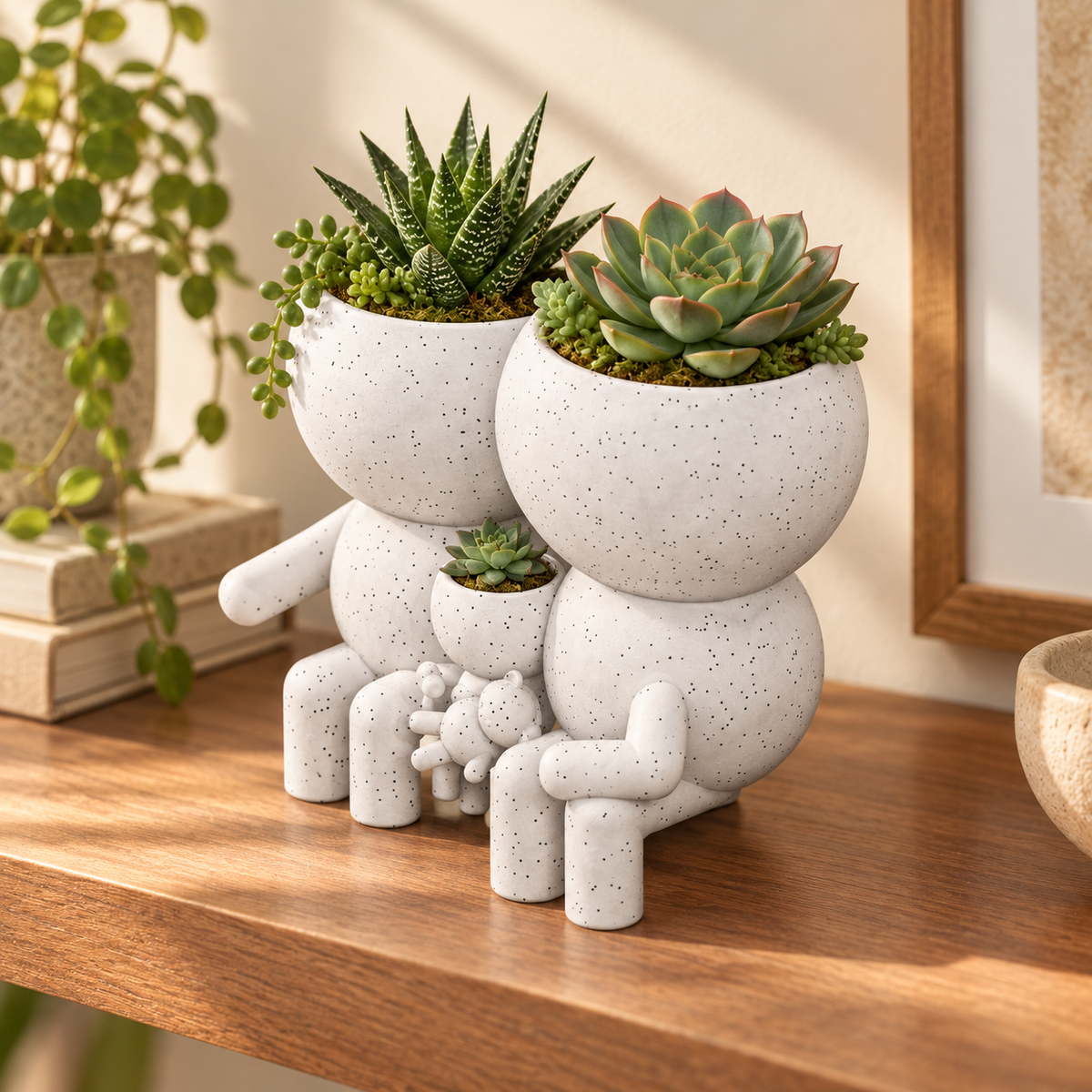 The Three of Us family planter in a warm styled shelf setting