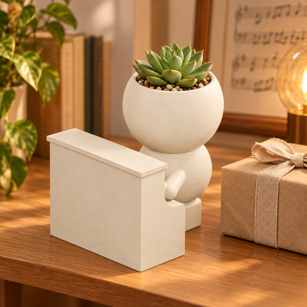 Jay Takes the Keys piano planter in Ivory White, styled gift scene