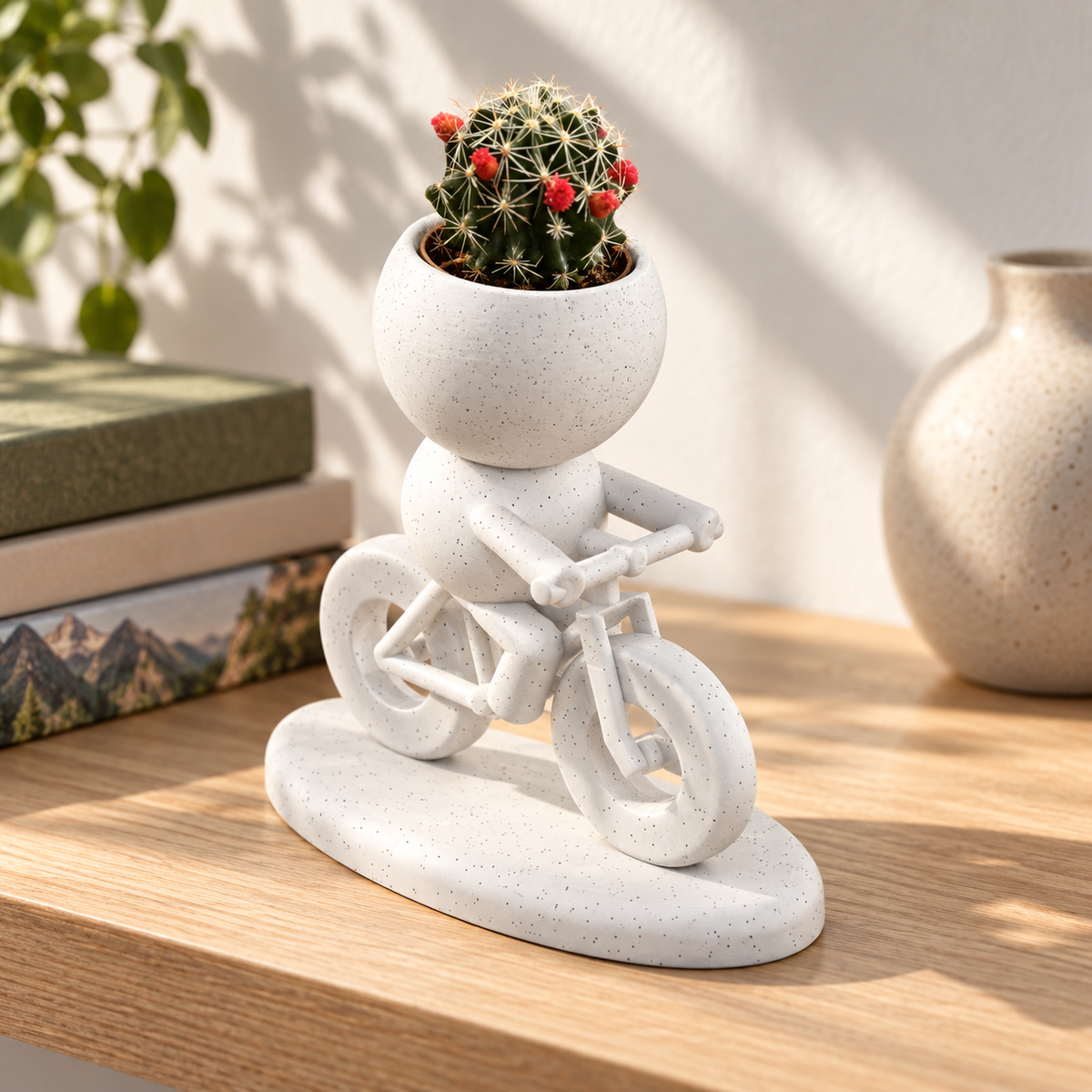Trail Sprout mountain bike planter editorial lifestyle view in Marble White