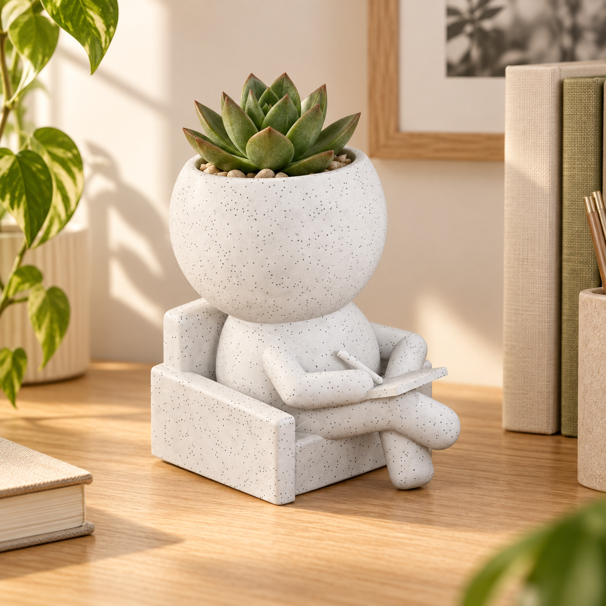 Note Moss armchair planter in a warm styled shelf setting