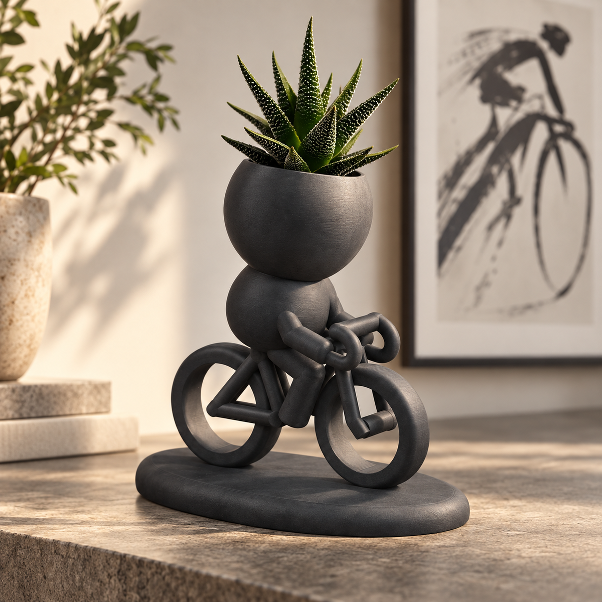 Cadence Rides On racing cyclist planter editorial view