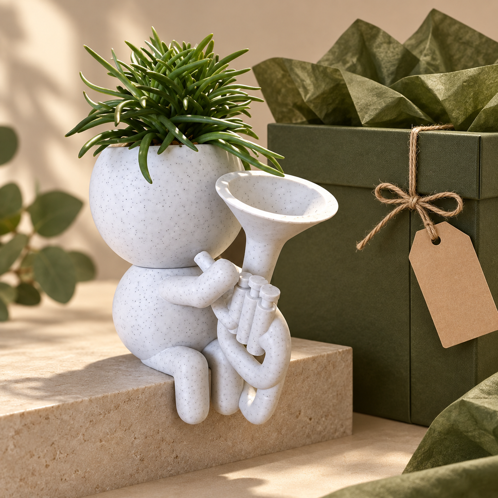 Brass Basil tenor horn planter gift lifestyle view in Marble White