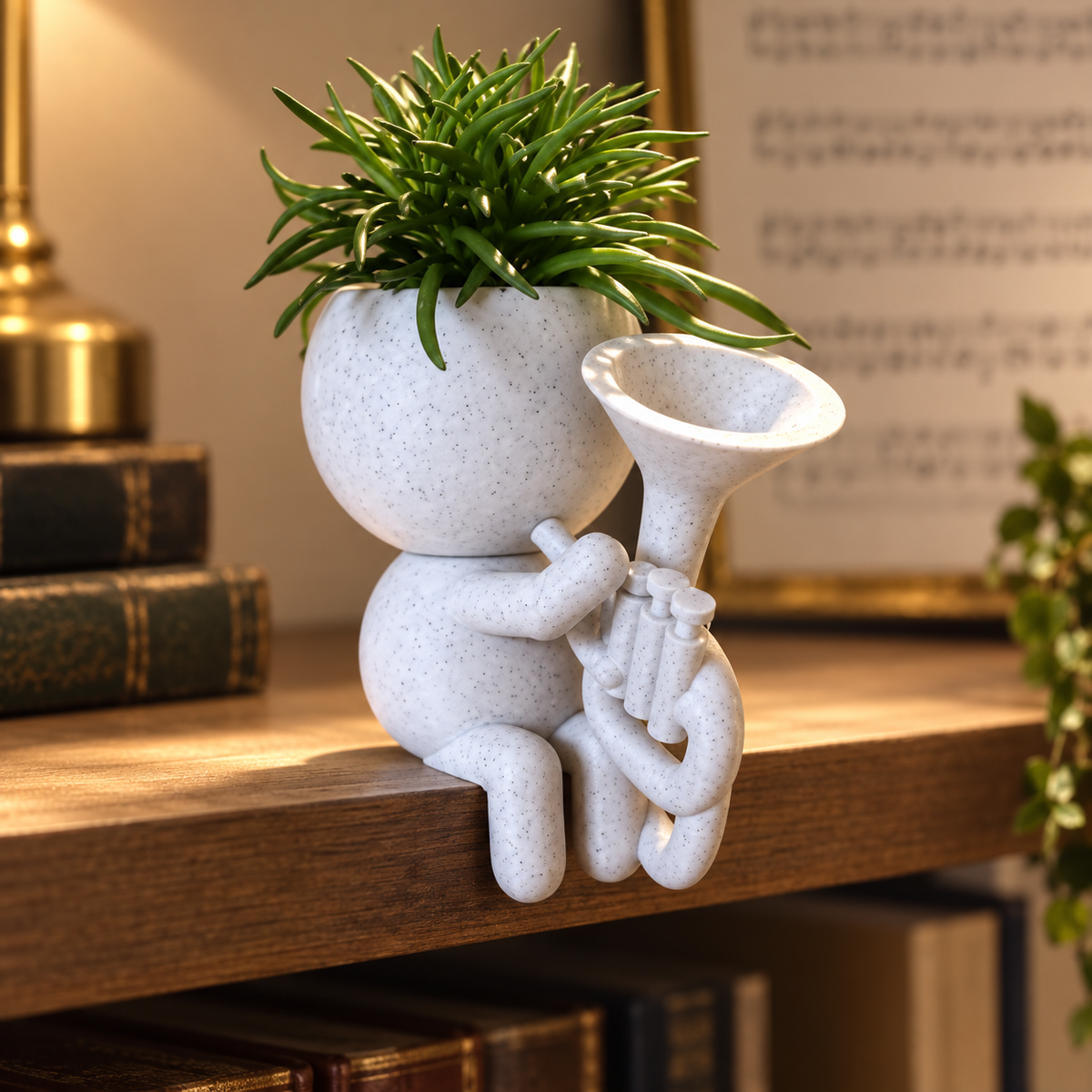 Brass Basil tenor horn planter hero lifestyle view in Marble White